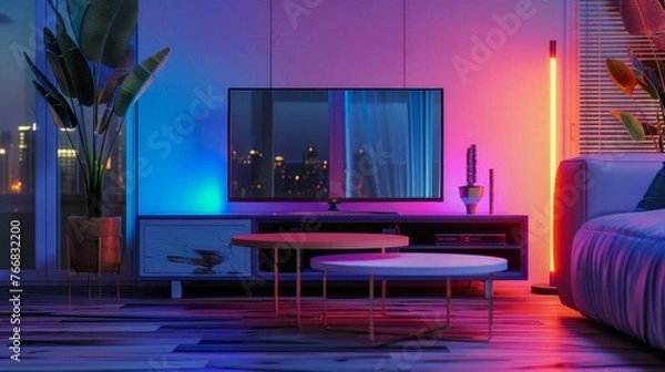 Fototapeta Vibrant Neon Lights in Modern Living Room Decor. Generative ai