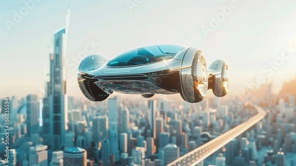 Fototapeta advanced flying car over a bustling city, highlighting the future of urban transport, innovation in design, and the concept of modern travel
