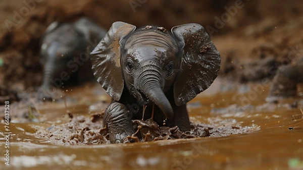 Fototapeta Humor. A funny clumsy little elephant. 