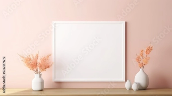 Obraz A mock-up of an empty wooden picture frame on a light wall background. A vase with flowers and leaves. The concept of advertising, a place for text.