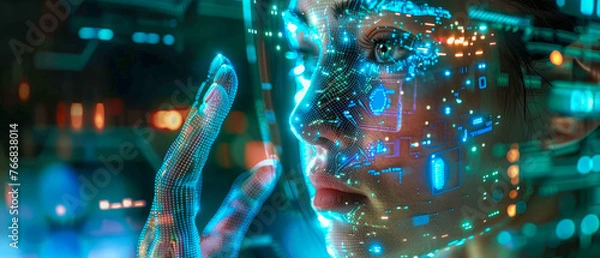 Fototapeta A woman's face is projected onto a screen, with a blue and green background, IA technology