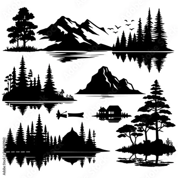 Obraz silhouette illustration of mountain and lake landscape