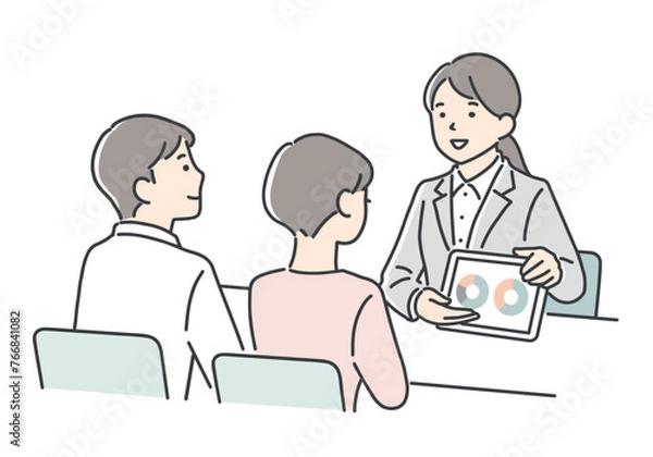 Obraz 若いカップルに案内をする営業担当者