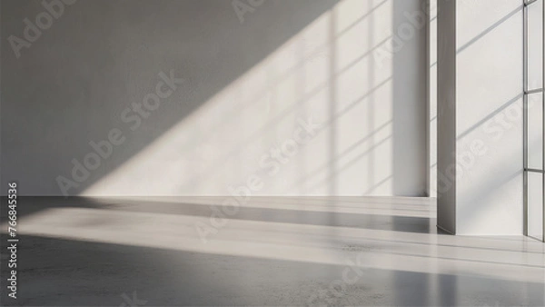 Fototapeta grey shadow studio showcase, shadow sunshine and sunbeam reflection on white wall and floor in empty luxury studio