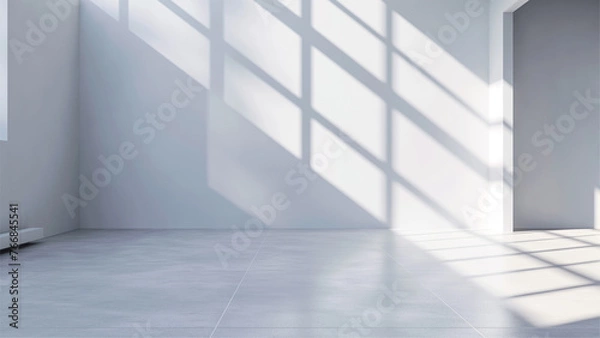 Fototapeta grey shadow studio showcase, shadow sunshine and sunbeam reflection on white wall and floor in empty luxury studio