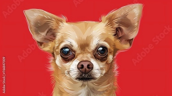 Fototapeta small chihuahua dog portrait with focused expression and red background in closeup head photography