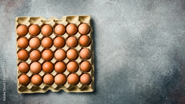 Fototapeta Top view, chicken eggs in a paper tray. On a gray concrete background.