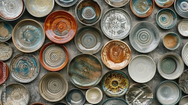 Fototapeta A UHD close-up of a collection of artisanal ceramic plates hanging on a wall, each piece unique in its design and color palette, creating a visually striking tableau against the solid background.