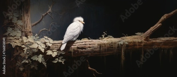 Fototapeta A white bird with sharp beak and powerful wings, perched on a thin twig of a tree branch. It could be a bird of prey belonging to the Accipitriformes or Falconiformes order