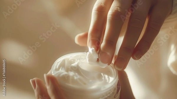 Fototapeta Female hand dipping fingers into a jar of cosmetic cream, soft light and focus, gentle colors. Concept of self-care, skin care products, pampering and relaxation in skincare routine.