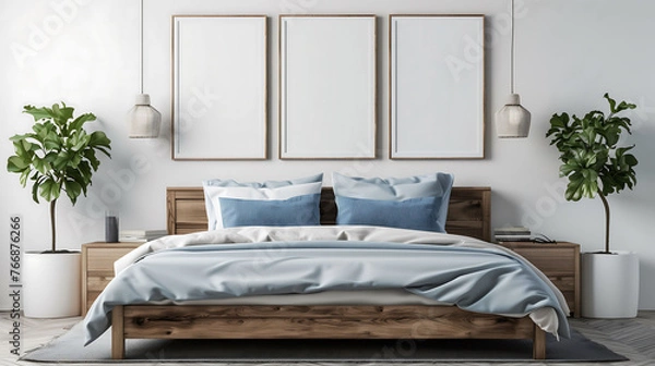 Fototapeta Bedroom interior with blank poster frame mockup