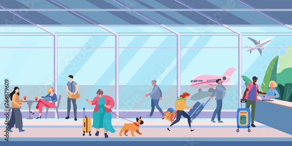 Fototapeta Airport waiting room. Interior inside the airport terminal with people and luggage. A plump woman with a dog. Flight check in counter.. Flat vector illustration for banner, poster and advertising