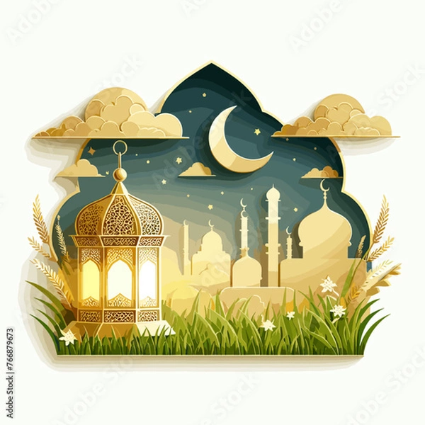 Obraz Flat paper style Ramadan Mubarak Greeting Card with Gold Lantern and Grass Field Painting