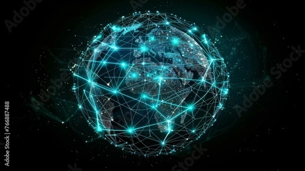 Fototapeta Cyfrowy glob lśniący połączonymi liniami i węzłami, które oświetlają kontynenty w abstrakcyjnej reprezentacji globalnej sieci i komunikacji