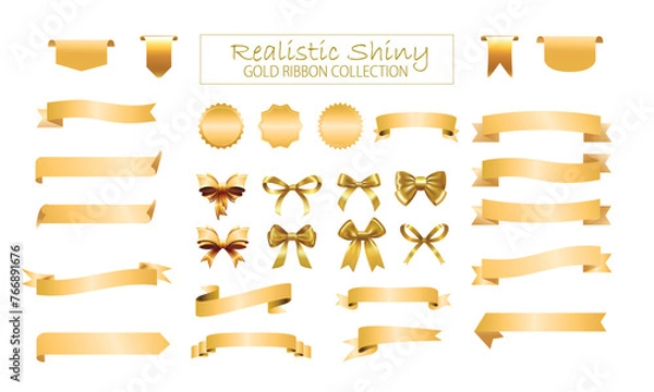 Fototapeta Realistic shiny gold ribbon banner collection and badge ribbon elements