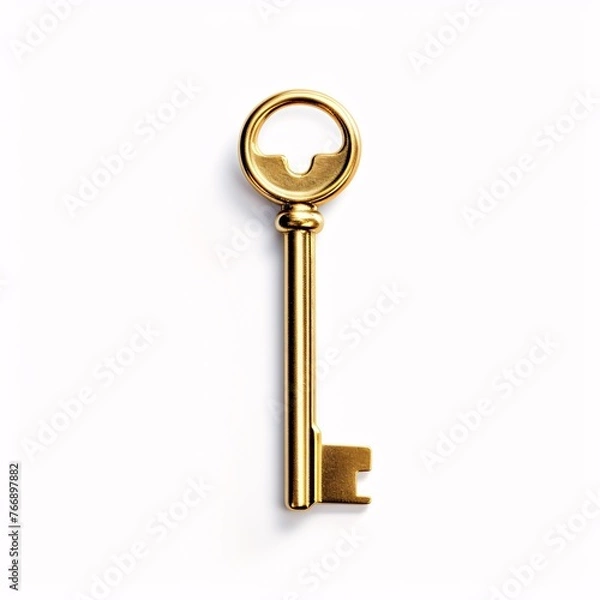 Fototapeta A shiny golden key positioned on a white surface