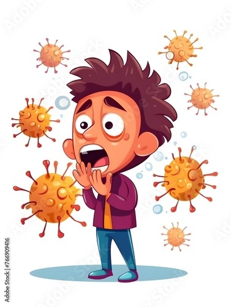 Obraz a cartoon of a man with his hands on his face surrounded by bacteria