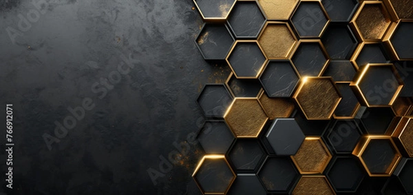 Obraz Black and Gold Honeycomb Background. honeycomb design in metallic gold with metal sheen creating the look of luxury and elegance 
