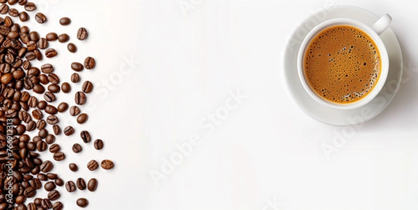 Fototapeta cup of coffee with beans and a copy space for text. 