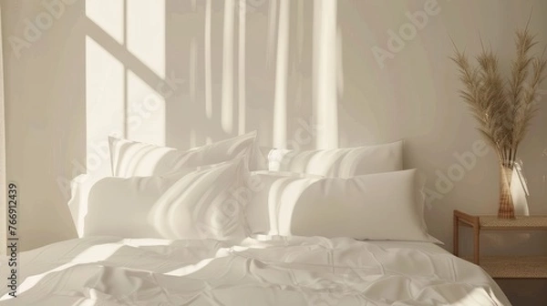 Fototapeta Mock up of white bedding on comofortable bed with pillows and blanket modern minimalist interior. Template for prints