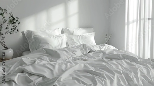 Fototapeta Mock up of white bedding on comofortable bed with pillows and blanket modern minimalist interior. Template for prints