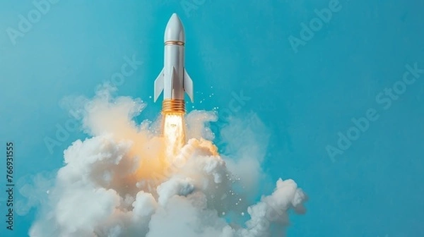 Fototapeta 3d render rocket launch on computer laptop. new business start-up ideas. learning knowledge creativity. business success concept. 3d rendering illustration cartoon minimal style.