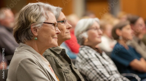 Obraz Senior Women Engaged in a Seminar. A group of attentive elderly women participating in an educational seminar, listening intently.