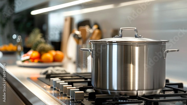 Obraz Stainless Steel Pot on Gas Stove.
