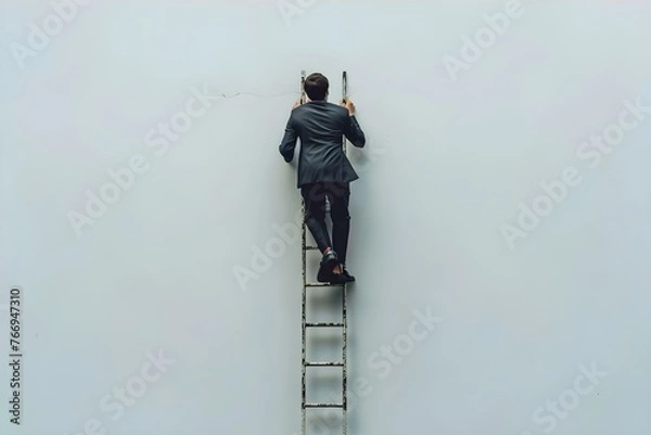 Fototapeta Businessman climbing ladder to reach shortterm goal symbolizing strategic planning and focus for lon. Concept Success & Achievement, Strategic Planning, Business Goals, Overcoming Challenges