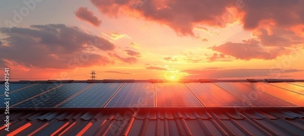 Obraz solar panels under sky with clouds at dawn