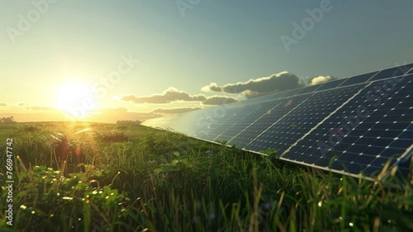 Obraz solar panels on the field under clear blue sky and sun