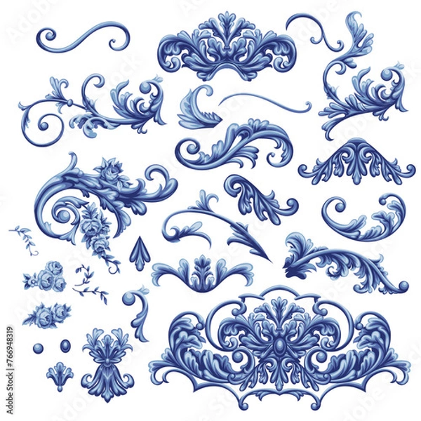 Fototapeta Set of blue decorative elements in Baroque style