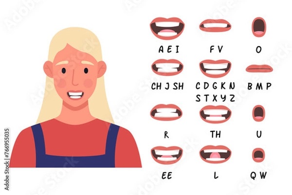Fototapeta Lip sync collection for animation. Cartoon female character. Vector illustration.