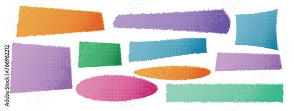 Fototapeta Creative modern design element. Torn paper shape halfton vector illustration. Blank colorful note. Color sticker: square, oval, piece, cut. Set of headline band. Grunge header isolated background.