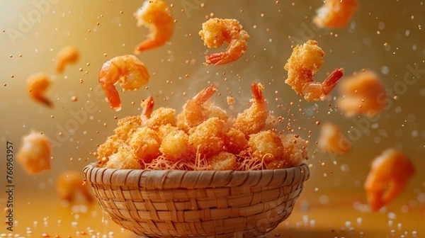 Fototapeta An epic advertise photo of shrimp tempura soaring from a