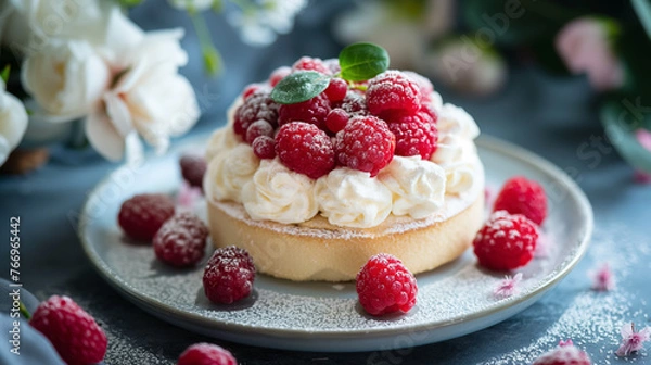 Fototapeta Tart with raspberries and cream on plate.
