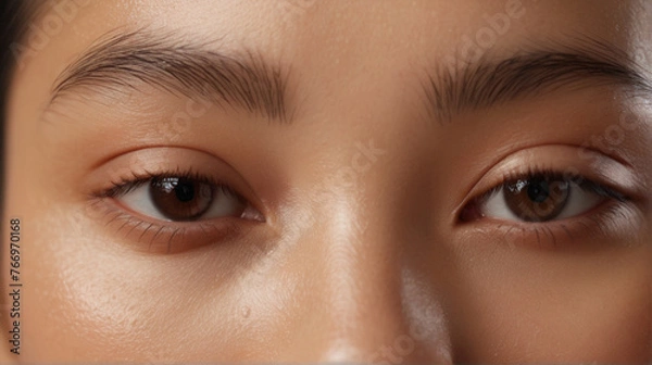 Fototapeta Close up of beautiful Asian woman's brown eyes with eyelash and brow lift.	