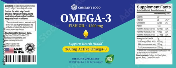 Obraz Omega 3 softgels Bottle Label vector packaging