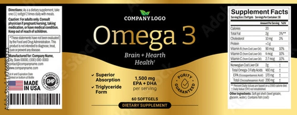 Obraz Omega 3 softgels Bottle Label vector packaging