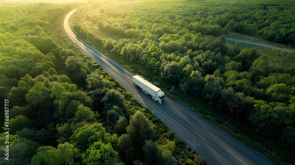 Fototapeta Truck driving on the highway in the rays of the setting sun. Aerial view of a car road with traffic on during sunset