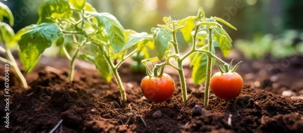Fototapeta Tomatoes, a type of fruit, are growing on a bush in a garden. They are a natural food source and a whole food coming from a terrestrial plant