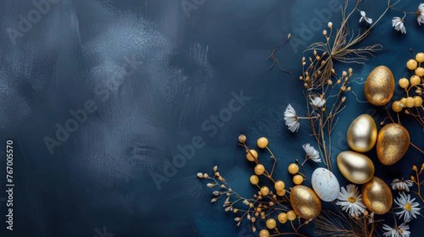 Obraz Navy Blue Minimalist Background with Spring Decorations