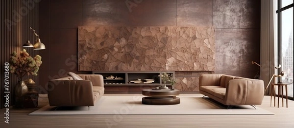 Fototapeta A room with brown wooden furniture and a copper wall, featuring hardwood flooring. The design exudes symmetry and artistic flair