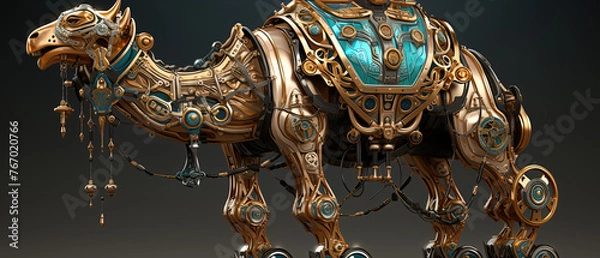 Obraz a gold and blue sculpture of a camel with a clock on it