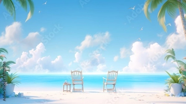 Fototapeta 夏日沙滩度假海滩沙滩椅椰子树岛屿休闲旅游场景背景