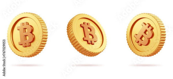 Fototapeta Various bitcoin BTC golden coins floating isolated on transparent background in 3D cartoon illustration