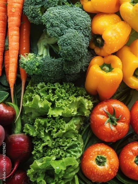 Fototapeta  different vegetables, using green and paletted yellow panels, lettuce in the foreground, broccoli and beets in the background, peppers, carrots in the background, tomatoes in the lower right corner, 