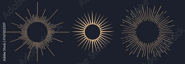 Fototapeta Sunburst, sun light ray. Vintage graphic set of light rays, sunburst and rays of sun. Hand drawn black design elements, linear drawing, vintage retro style on background. Vector Illustration