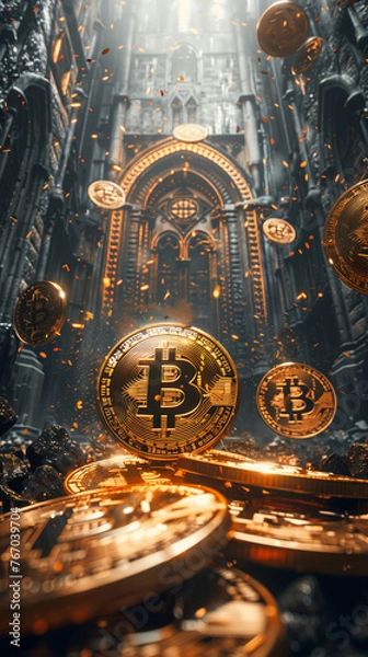 Fototapeta Ancient temple with levitating golden bitcoin coins, the magic of cryptocurrency and future of finance concept