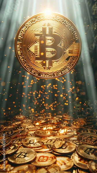 Fototapeta Holy bitcoin rising up to the heavens from a stash of golden coins in a beam of light and golden sparkles
